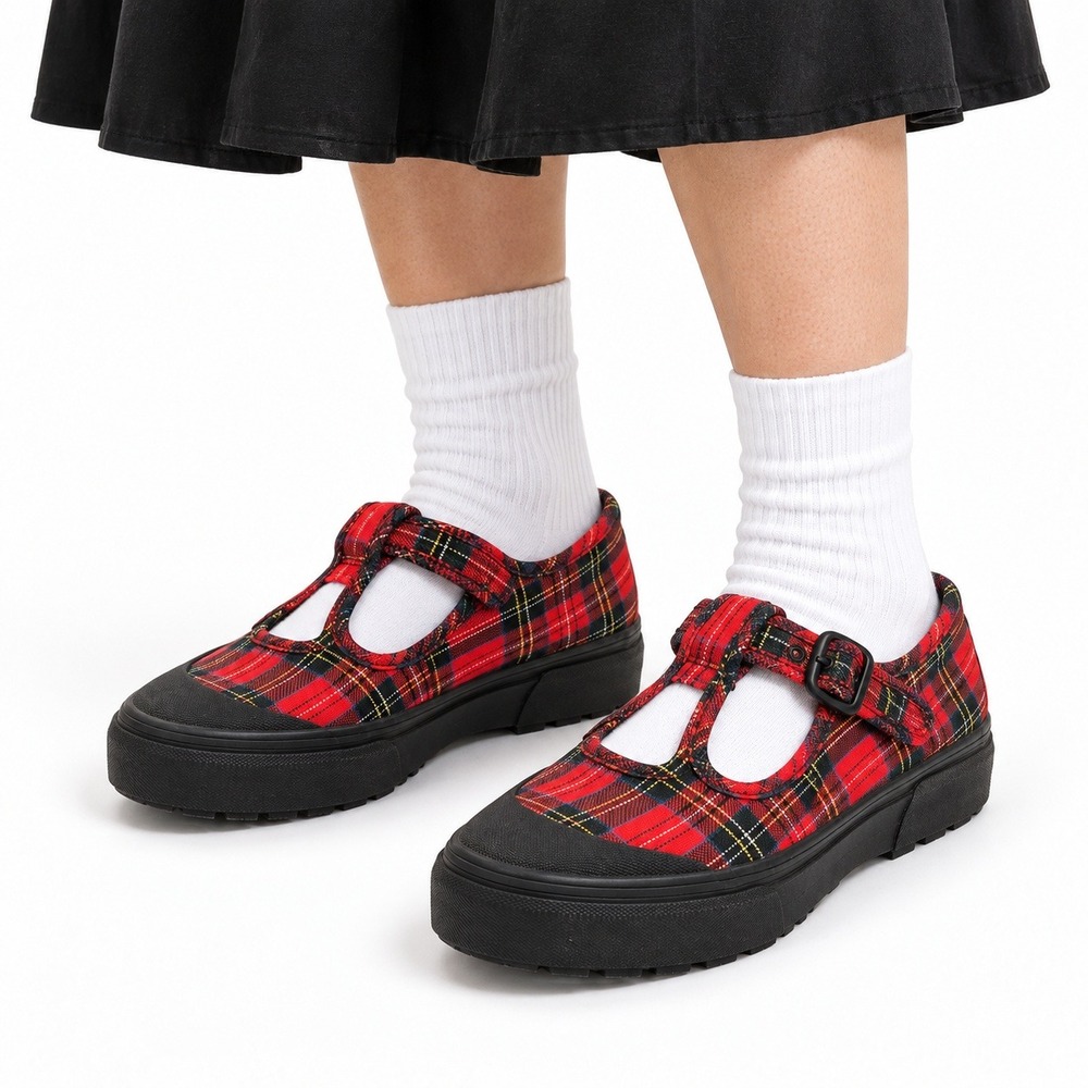 VANS Style 93 Mary Jane T-Strap Lug Sole Shoes Women's 9.5 Red Black Plaid Box